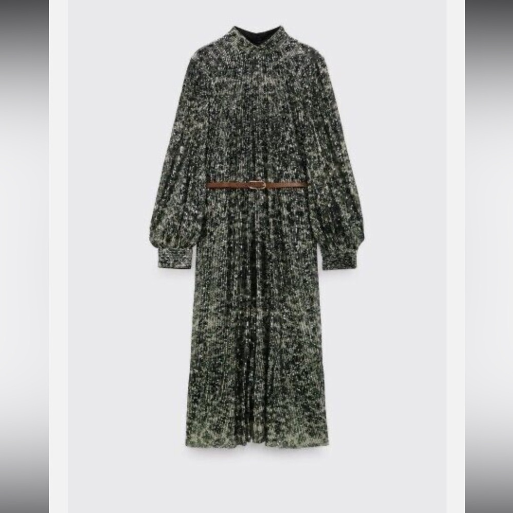 ZARA KHAKI SEQUIN MIDI DRESS WITH WRAPAROUND BELT SIZE SMALL LIMITED EDITION